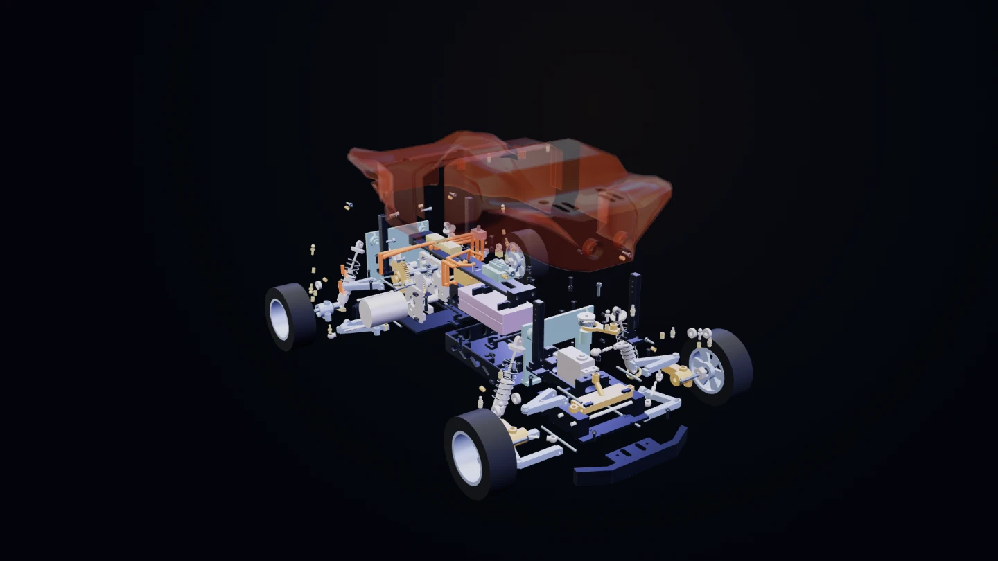 Exploded RC-car assembly with internal wiring, chassis and suspension
